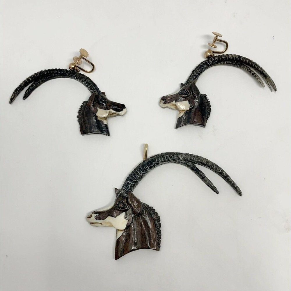 Native American Signed‎ Sterling Silver /14k Ibex Head Pendant & Earrings Savage